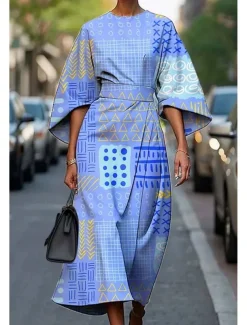 Women's Long Dress Maxi Dress Casual Dress Summer Dress Fashion Modern Daily Date Weekend Regular Fit Geometric 3/4 Length Sleeve Crew Neck Pink Blue Purple Fuchsia Summer