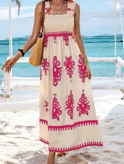 Women's Long Dress Maxi Dress Casual Dress A Line Dress Summer Dress Boho Dress Bohemia Hawaiian Stylish Vacation Daily Date Regular Fit Graphic Sleeveless Square Neck Black Pink Red Green Summer