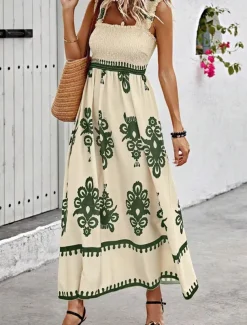 Women's Long Dress Maxi Dress Casual Dress A Line Dress Summer Dress Boho Dress Bohemia Hawaiian Stylish Vacation Daily Date Regular Fit Graphic Sleeveless Square Neck Black Pink Red Green Summer