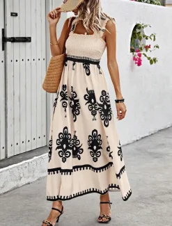 Women's Long Dress Maxi Dress Casual Dress A Line Dress Summer Dress Boho Dress Bohemia Hawaiian Stylish Vacation Daily Date Regular Fit Graphic Sleeveless Square Neck Black Pink Red Green Summer