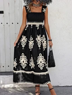 Women's Long Dress Maxi Dress Casual Dress A Line Dress Summer Dress Boho Dress Bohemia Hawaiian Stylish Vacation Daily Date Regular Fit Graphic Sleeveless Square Neck Black Pink Red Green Summer