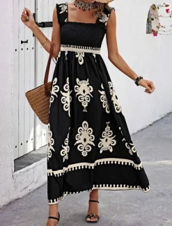 Women's Long Dress Maxi Dress Casual Dress A Line Dress Summer Dress Boho Dress Bohemia Hawaiian Stylish Vacation Daily Date Regular Fit Graphic Sleeveless Square Neck Black Pink Red Green Summer