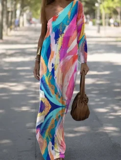 Women's Long Dress Maxi Dress Casual Dress Print Dress Floral Geometric Fashion Streetwear Outdoor Holiday Going out Print Long Sleeve One Shoulder Dress Slim ArmyGreen Blue Orange Summer Spring S M