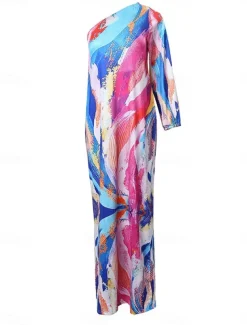 Women's Long Dress Maxi Dress Casual Dress Print Dress Floral Geometric Fashion Streetwear Outdoor Holiday Going out Print Long Sleeve One Shoulder Dress Slim ArmyGreen Blue Orange Summer Spring S M