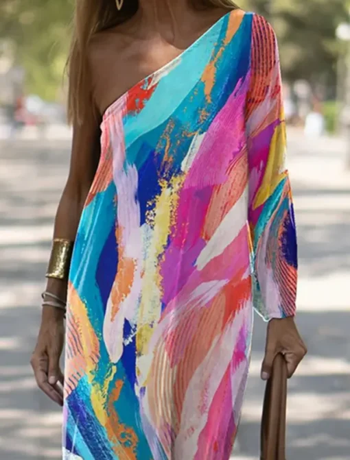 Women's Long Dress Maxi Dress Casual Dress Print Dress Floral Geometric Fashion Streetwear Outdoor Holiday Going out Print Long Sleeve One Shoulder Dress Slim ArmyGreen Blue Orange Summer Spring S M