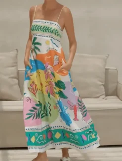 Women's Long Dress Maxi Dress Casual Dress Summer Dress Slip Dress Fashion Outdoor Holiday Date Regular Fit Painting Sleeveless Spaghetti Strap Green Summer Spring