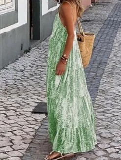 Women's Long Dress Maxi Dress Casual Dress Swing Dress Slip Dress Boho Dress Fashion Outdoor Party Holiday Regular Fit Tie Dye Sleeveless Spaghetti Strap Black Pink Green Summer