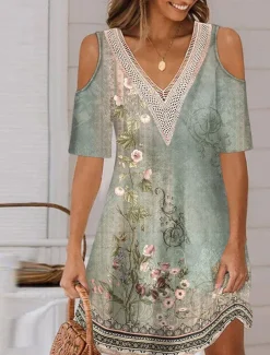 Women's Long Dress Maxi Dress A Line Dress Boho Dress Elegant Stylish Casual Vacation Daily Regular Fit Floral Short Sleeve V Neck Red Blue Purple Green Summer Spring