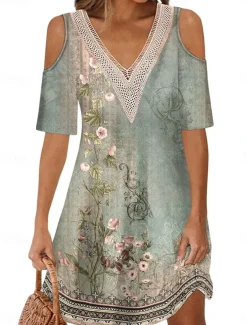 Women's Long Dress Maxi Dress A Line Dress Boho Dress Elegant Stylish Casual Vacation Daily Regular Fit Floral Short Sleeve V Neck Red Blue Purple Green Summer Spring