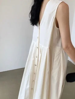 Women's Long Dress Maxi Dress Linen-Inspired Dresses Casual Dress Stylish Casual Vacation Daily Date Regular Fit Plain Sleeveless V Neck Black Blue Apricot Summer Spring