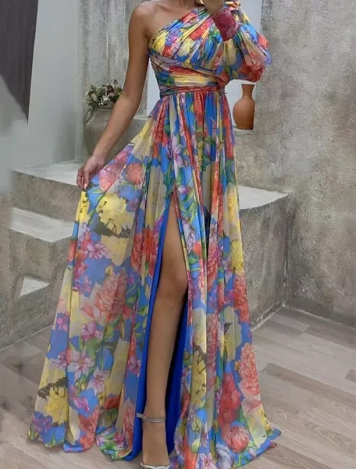 Women's Long Dress Maxi Dress Casual Dress Floral Dress Fashion Elegant Dress Outdoor Party Holiday Regular Fit Flower Sleeveless Cold Shoulder Yellow Blue Green Summer