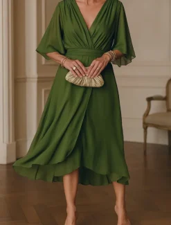 Women's Long Dress Maxi Dress White Dress Casual Dress Cocktail Dress Wedding Guest Dress Elegant Modern Mature Office Daily Date Regular Fit Plain 3/4 Length Sleeve V Neck Green Summer