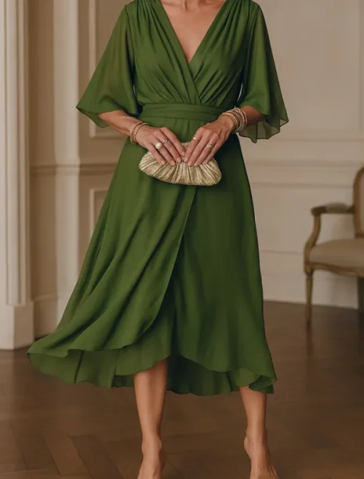 Women's Long Dress Maxi Dress White Dress Casual Dress Cocktail Dress Wedding Guest Dress Elegant Modern Mature Office Daily Date Regular Fit Plain 3/4 Length Sleeve V Neck Green Summer