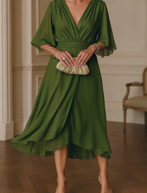 Women's Long Dress Maxi Dress White Dress Casual Dress Cocktail Dress Wedding Guest Dress Elegant Modern Mature Office Daily Date Regular Fit Plain 3/4 Length Sleeve V Neck Green Summer