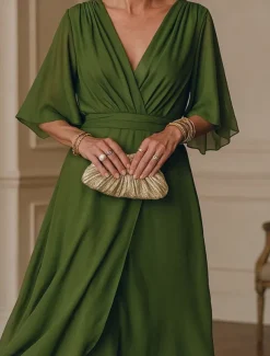 Women's Long Dress Maxi Dress White Dress Casual Dress Cocktail Dress Wedding Guest Dress Elegant Modern Mature Office Daily Date Regular Fit Plain 3/4 Length Sleeve V Neck Green Summer