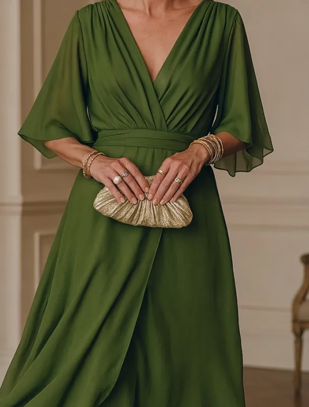 Women's Long Dress Maxi Dress White Dress Casual Dress Cocktail Dress Wedding Guest Dress Elegant Modern Mature Office Daily Date Regular Fit Plain 3/4 Length Sleeve V Neck Green Summer