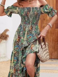Women's Long Dress Maxi Dress A Line Dress Summer Dress Boho Dress Elegant Bohemia Stylish Vacation Daily Date Regular Fit Graphic Short Sleeve Off Shoulder Green Dark Blue Summer