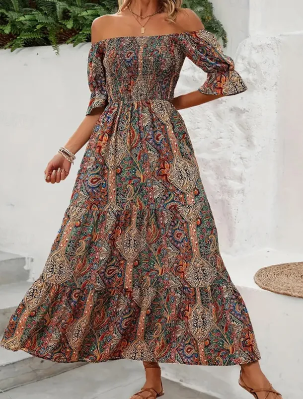 Women's Long Dress Maxi Dress A Line Dress Summer Dress Boho Dress Elegant Bohemia Stylish Vacation Daily Date Regular Fit Graphic Short Sleeve Off Shoulder Green Dark Blue Summer