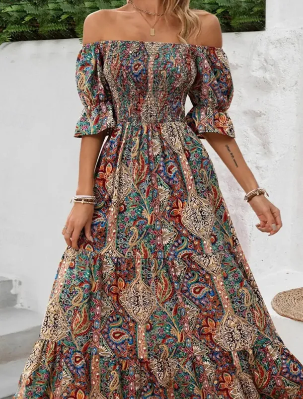 Women's Long Dress Maxi Dress A Line Dress Summer Dress Boho Dress Elegant Bohemia Stylish Vacation Daily Date Regular Fit Graphic Short Sleeve Off Shoulder Green Dark Blue Summer