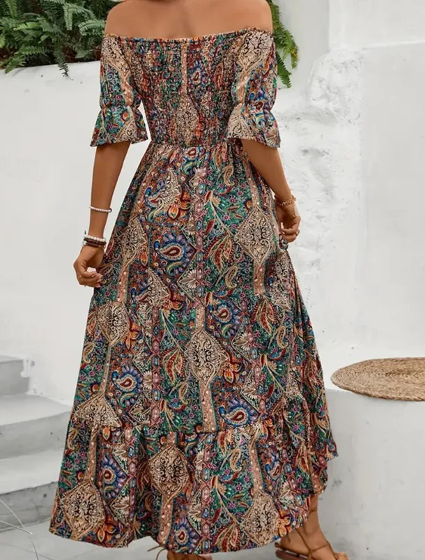 Women's Long Dress Maxi Dress A Line Dress Summer Dress Boho Dress Elegant Bohemia Stylish Vacation Daily Date Regular Fit Graphic Short Sleeve Off Shoulder Green Dark Blue Summer