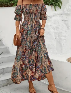 Women's Long Dress Maxi Dress A Line Dress Summer Dress Boho Dress Elegant Bohemia Stylish Vacation Daily Date Regular Fit Graphic Short Sleeve Off Shoulder Green Dark Blue Summer