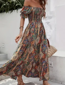 Women's Long Dress Maxi Dress A Line Dress Summer Dress Boho Dress Elegant Bohemia Stylish Vacation Daily Date Regular Fit Graphic Short Sleeve Off Shoulder Green Dark Blue Summer