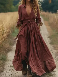 Women's Long Dress Maxi Dress Casual Dress Swing Dress Summer Dress Boho Dress Vintage Vacation Daily Holiday Regular Fit Leopard Long Sleeve V Neck Fuchsia Summer