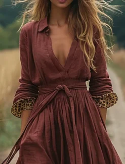 Women's Long Dress Maxi Dress Casual Dress Swing Dress Summer Dress Boho Dress Vintage Vacation Daily Holiday Regular Fit Leopard Long Sleeve V Neck Fuchsia Summer