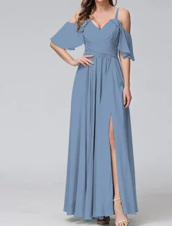 Women's Long Dress Maxi Dress Prom Dress Party Dress Cocktail Dress Wedding Guest Dress Fashion Party Special Occasion Date Regular Fit Plain Short Sleeve V Neck Yellow Light Green Blue Green Summer