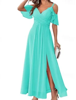 Women's Long Dress Maxi Dress Prom Dress Party Dress Cocktail Dress Wedding Guest Dress Fashion Party Special Occasion Date Regular Fit Plain Short Sleeve V Neck Yellow Light Green Blue Green Summer