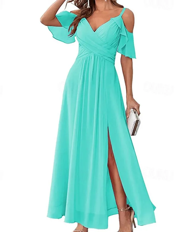 Women's Long Dress Maxi Dress Prom Dress Party Dress Cocktail Dress Wedding Guest Dress Fashion Party Special Occasion Date Regular Fit Plain Short Sleeve V Neck Yellow Light Green Blue Green Summer