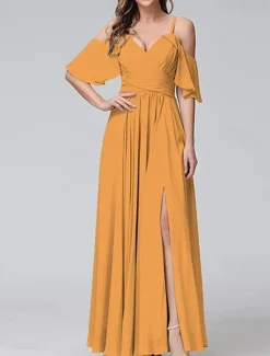 Women's Long Dress Maxi Dress Prom Dress Party Dress Cocktail Dress Wedding Guest Dress Fashion Party Special Occasion Date Regular Fit Plain Short Sleeve V Neck Yellow Light Green Blue Green Summer