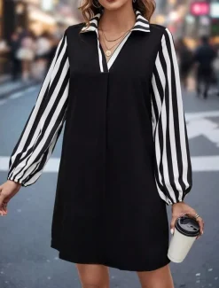 Women's Long Dress Maxi Dress Casual Dress A Line Dress Stylish Casual Vacation Daily Regular Fit Color Block Long Sleeve Shirt Collar Black Summer Spring Fall