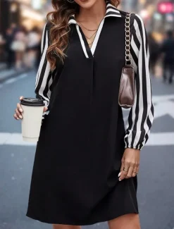 Women's Long Dress Maxi Dress Casual Dress A Line Dress Stylish Casual Vacation Daily Regular Fit Color Block Long Sleeve Shirt Collar Black Summer Spring Fall