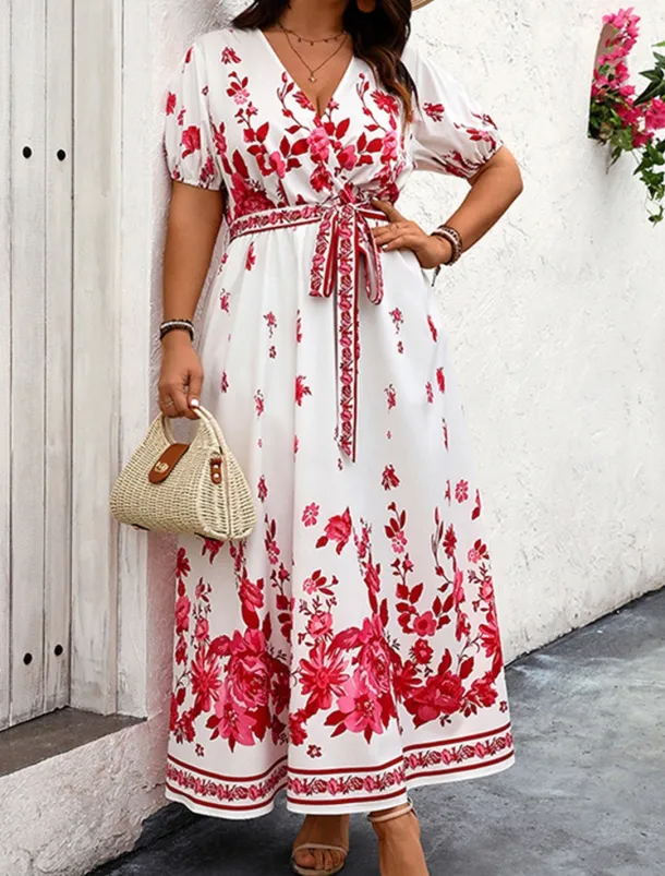 Women's Long Dress Maxi Dress Casual Dress A Line Dress Summer Dress Boho Dress Elegant Hawaiian Stylish Vacation Daily Date Regular Fit Floral Short Sleeve V Neck White Summer