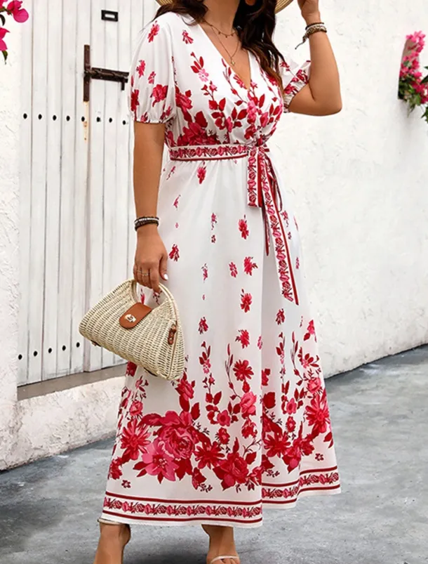 Women's Long Dress Maxi Dress Casual Dress A Line Dress Summer Dress Boho Dress Elegant Hawaiian Stylish Vacation Daily Date Regular Fit Floral Short Sleeve V Neck White Summer