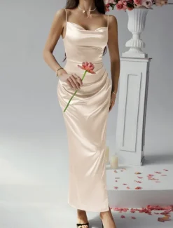 Women's Long Dress Maxi Dress Prom Dress Party Dress Satin Dress Elegant Mature Elegant Dress Wedding Party Wedding Guest Regular Fit Plain Sleeveless Spaghetti Strap Black Champagne Pink Blue Summer