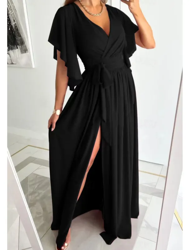 Women's Long Dress Maxi Dress Formal Dress Fashion Flare Cuff Sleeve Party Date Regular Fit Plain Short Sleeve V Neck Black Red Blue Khaki Summer