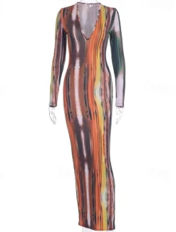 Women's Long Dress Maxi Dress Casual Dress Boho Dress Fashion Modern Outdoor Holiday Date Regular Fit Striped Long Sleeve Deep V Orange Green Gray Summer Spring
