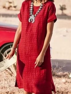 Women's Long Dress Maxi Dress Linen-Inspired Dresses Casual Dress Cotton Linen Dress Stylish Casual Vacation Daily Date Regular Fit Plain Short Sleeve Crew Neck Black Red Summer Spring