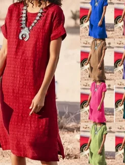 Women's Long Dress Maxi Dress Linen-Inspired Dresses Casual Dress Cotton Linen Dress Stylish Casual Vacation Daily Date Regular Fit Plain Short Sleeve Crew Neck Black Red Summer Spring