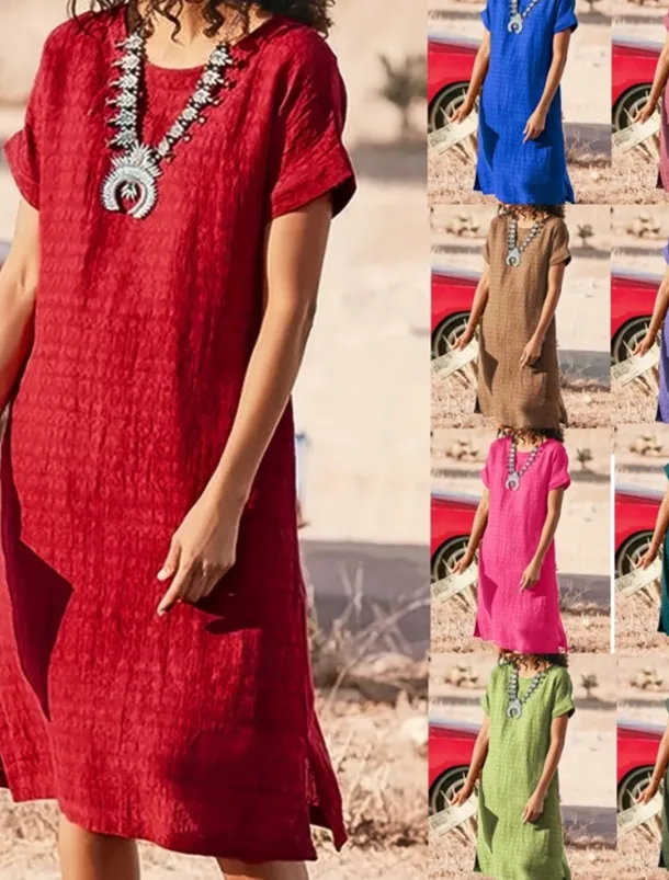 Women's Long Dress Maxi Dress Linen-Inspired Dresses Casual Dress Cotton Linen Dress Stylish Casual Vacation Daily Date Regular Fit Plain Short Sleeve Crew Neck Black Red Summer Spring