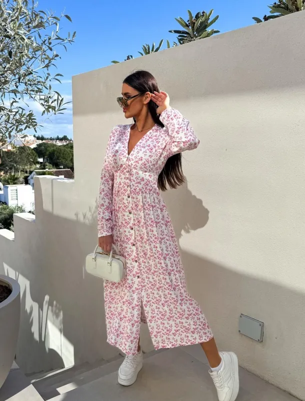 Women's Long Dress Maxi Dress Maxi Dress Floral Dress Elegant Regular Fit Floral Long Sleeve V Neck Pink Red Blue Fall