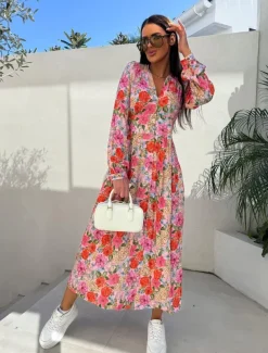 Women's Long Dress Maxi Dress Maxi Dress Floral Dress Elegant Regular Fit Floral Long Sleeve V Neck Pink Red Blue Fall