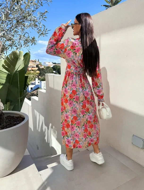 Women's Long Dress Maxi Dress Maxi Dress Floral Dress Elegant Regular Fit Floral Long Sleeve V Neck Pink Red Blue Fall