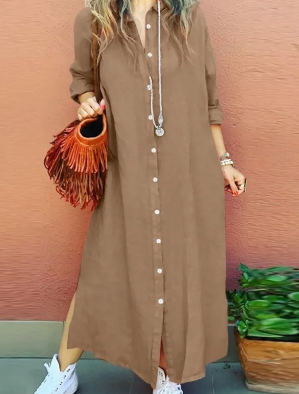 Women's Long Dress Maxi Dress Linen-Inspired Dresses Shirt Dress Casual Dress Cotton Linen Dress Stylish Casual Vacation Daily Date Regular Fit Plain Long Sleeve Lapel Pink Navy Blue Brown Summer