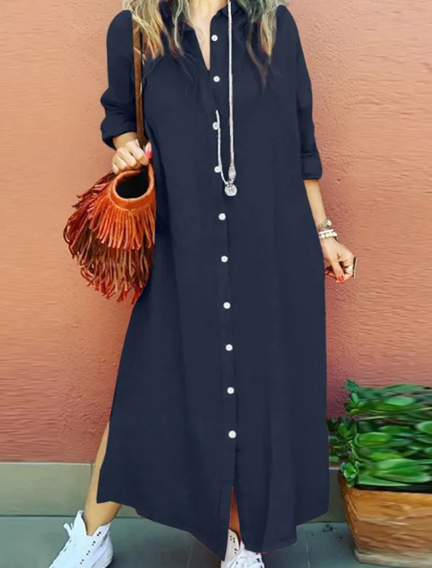 Women's Long Dress Maxi Dress Linen-Inspired Dresses Shirt Dress Casual Dress Cotton Linen Dress Stylish Casual Vacation Daily Date Regular Fit Plain Long Sleeve Lapel Pink Navy Blue Brown Summer