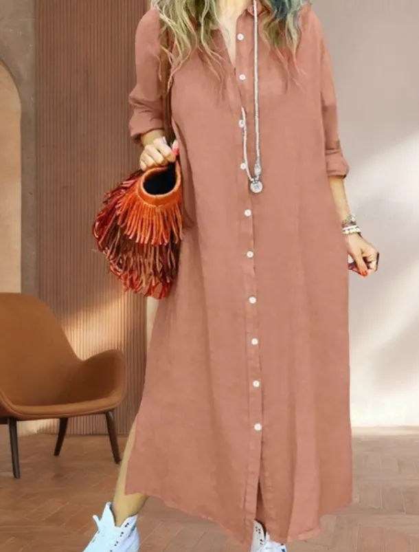 Women's Long Dress Maxi Dress Linen-Inspired Dresses Shirt Dress Casual Dress Cotton Linen Dress Stylish Casual Vacation Daily Date Regular Fit Plain Long Sleeve Lapel Pink Navy Blue Brown Summer