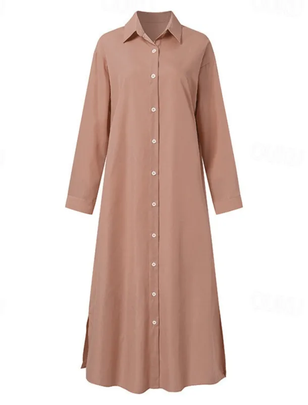 Women's Long Dress Maxi Dress Linen-Inspired Dresses Shirt Dress Casual Dress Cotton Linen Dress Stylish Casual Vacation Daily Date Regular Fit Plain Long Sleeve Lapel Pink Navy Blue Brown Summer