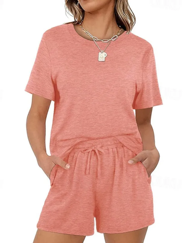 Women's Loungewear Nighty Sets 2 Pieces Pure Color Simple Comfort Home Street Cotton Crew Neck Short Sleeve T shirt Tee Shorts Summer Spring Home Outfits